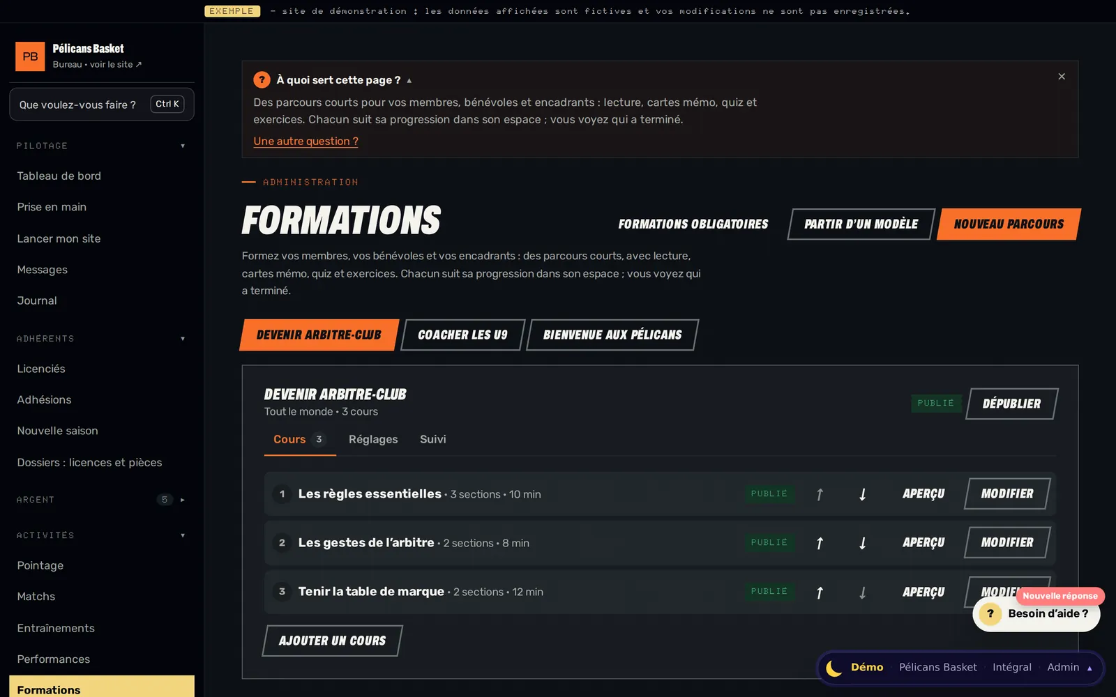 Exemple d’écran du bureau : parcours de formation « Devenir arbitre-club » avec trois cours publiés