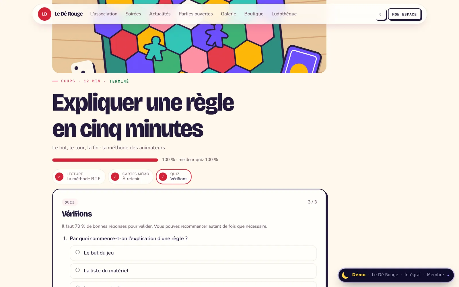 Exemple de quiz suivi par un membre dans son espace : expliquer une règle de jeu