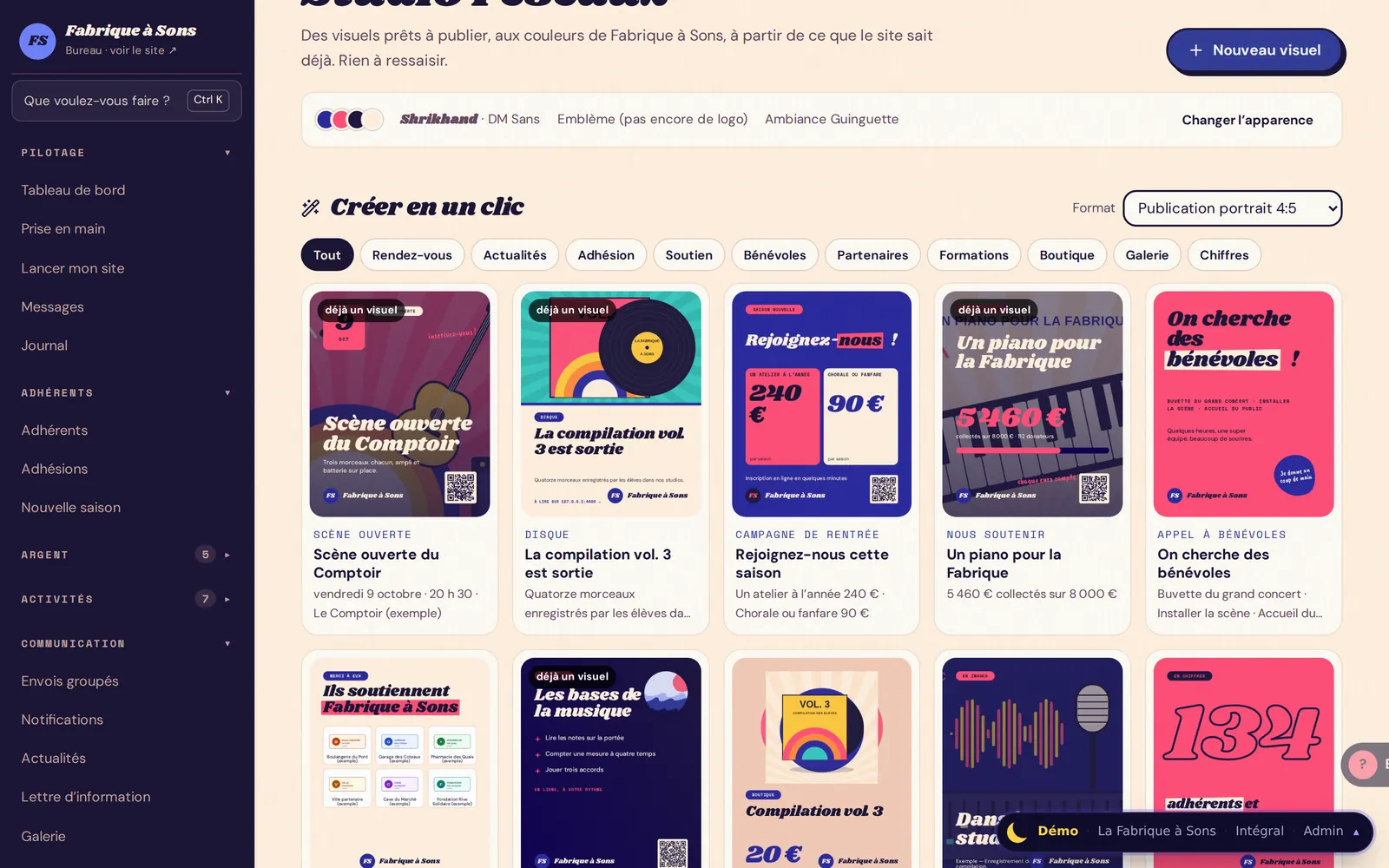 Exemple du Studio réseaux d’une école de musique : visuels déjà prêts à partir du site