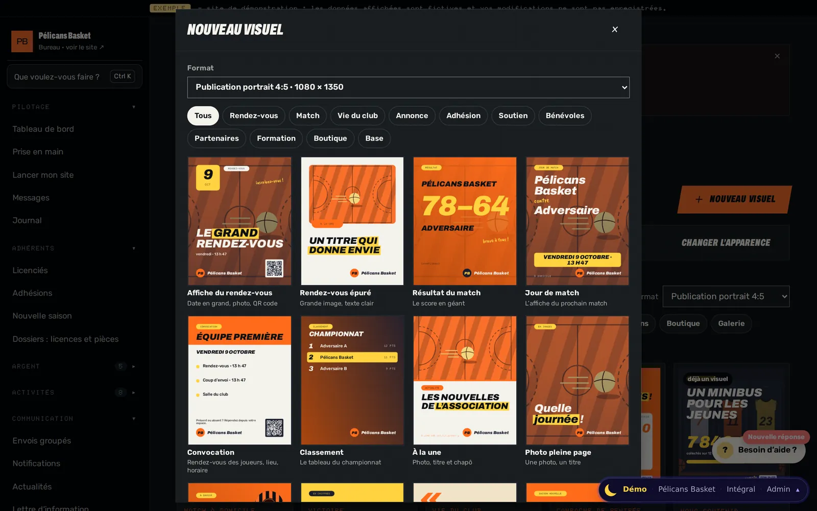 Exemple de choix de modèles dans le Studio réseaux : affiche de rendez-vous, résultat de match, convocation, classement