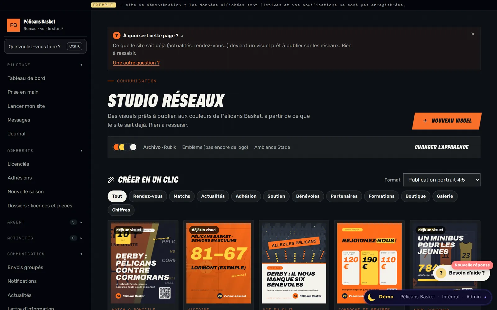 Exemple du Studio réseaux d’un club de basket : visuels de derby, résultat, campagne d’adhésion et appel aux bénévoles